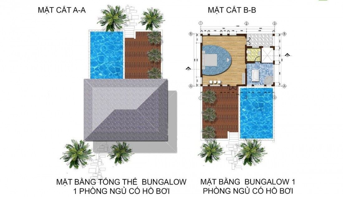 Layout thiết kế Bungalow 1 phòng ngủ có bể bơi