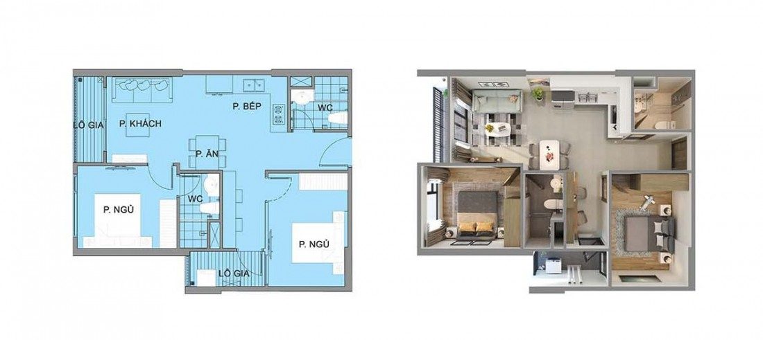 Layout thiết kế mẫu căn 2 phòng ngủ + 2WC trong dự án